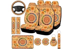 Riakrum 15 Pcs Yellow Sun Moon Sunflower Vintage Boho Car Seat Covers Full Set Steering Wheel Auto Front and Back Seat Protector with Belt, Armrest Cover and Cupholder Pad for Car SUV
