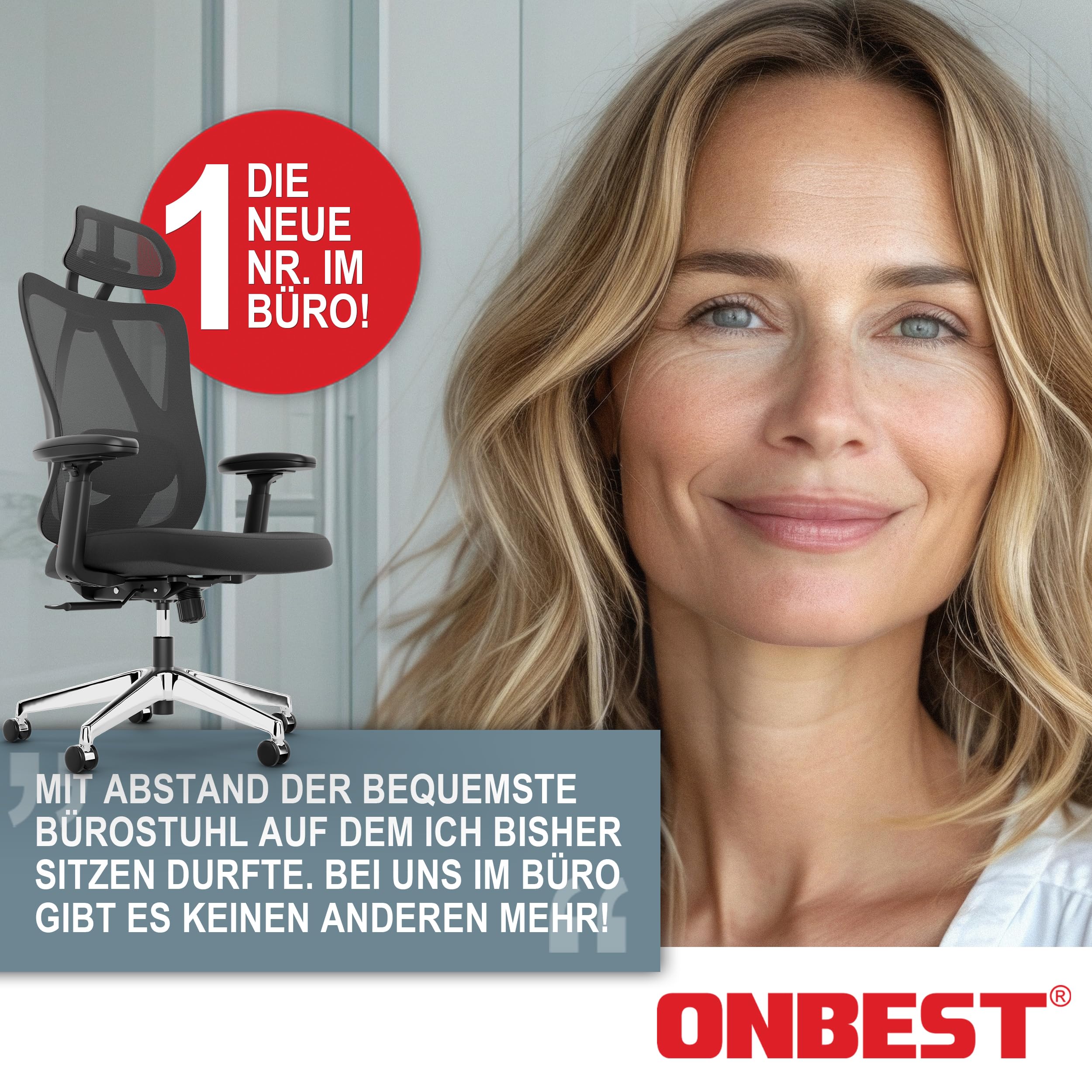 Onbest ergonomischer Bürostuhl für Homeoffice & Büro - mit Lordosenstütze, Verstellbarer Kopfstütze & Armlehnen - atmungsaktiver Mesh-Rücken, breite Sitzfläche, leise Rollen - bis 150 kg belastbar 8