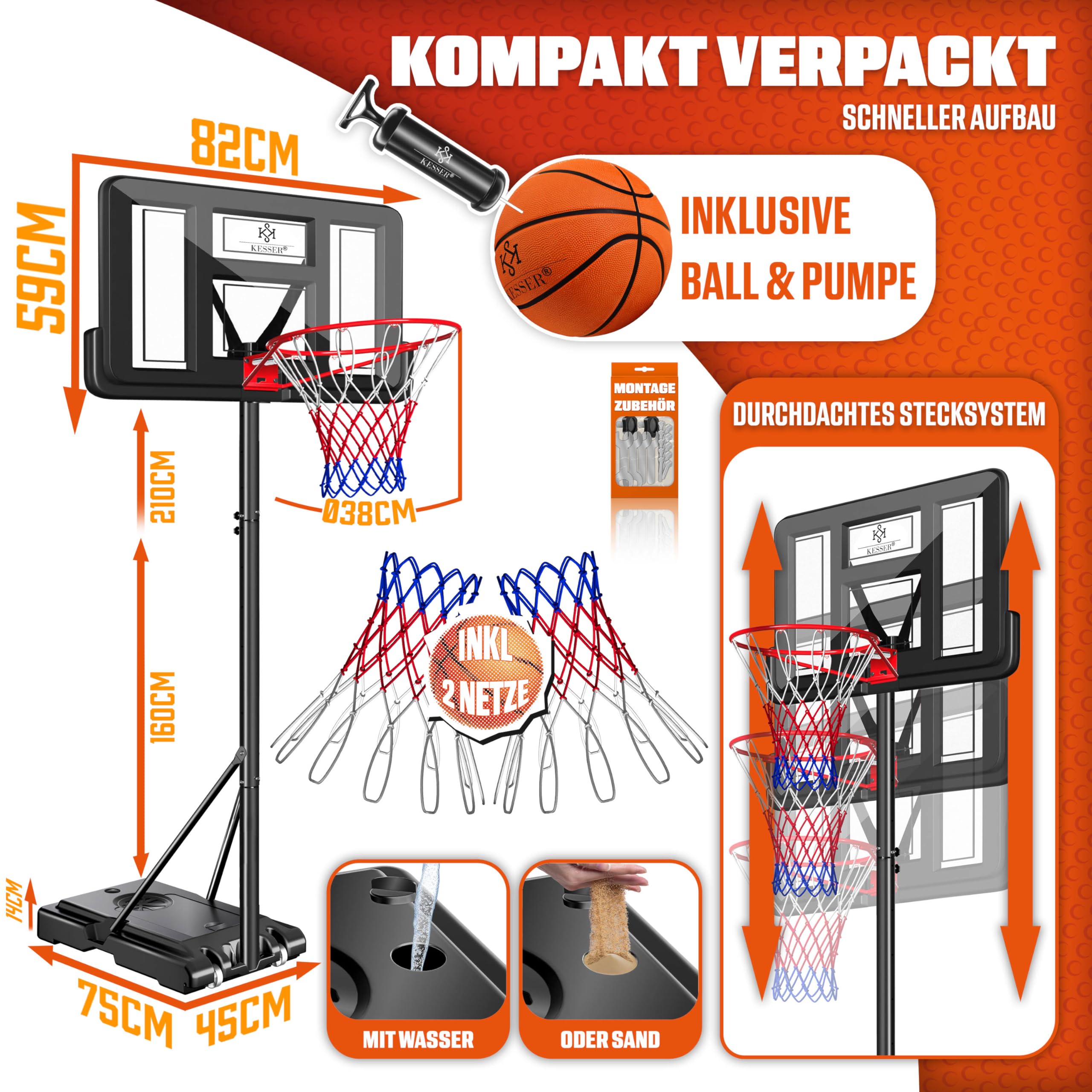 KESSER® Basketballkorb Set höhenverstellbar 160-210cm Mobiler Basketballständer mit Rollen, Backboard, Basketball, Pumpe & 2 Netzen - Indoor & Outdoor Basketballanlage für Kinder & Erwachsene Schwarz 2