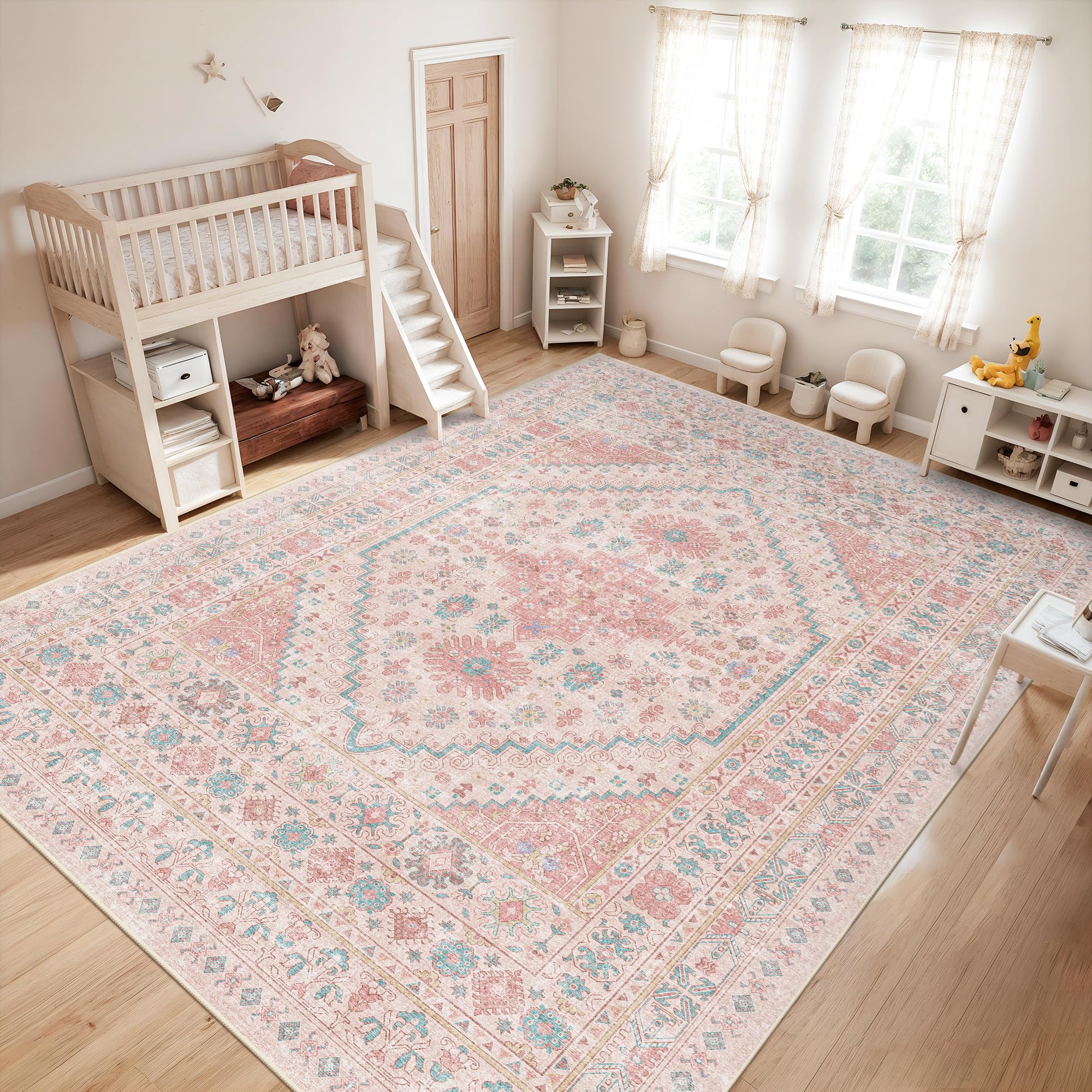 zesthome 10x14 Area Rugs - Large Pink Rugs for Bedroom Girls, Stain Resistant Washable Rugs, Vintage Low Pile Rug, Nursery Room Rug, Pink Room Decor (Pink/Blue,10'x14') Image zesthome 10x14 Area Rugs - Large Pink Rugs for Bedroom Girls, Stain Resistant Washable Rugs, Vintage Low Pile Rug, Nursery Room Rug, Pink Room Decor (Pink/Blue,10'x14') Image