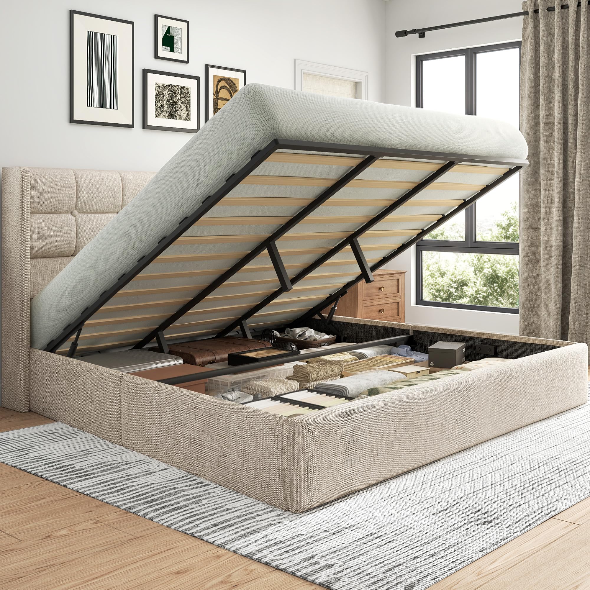 Lifezone King Size Lift Up Storage Bed Frame, Linen Upholstered King ...