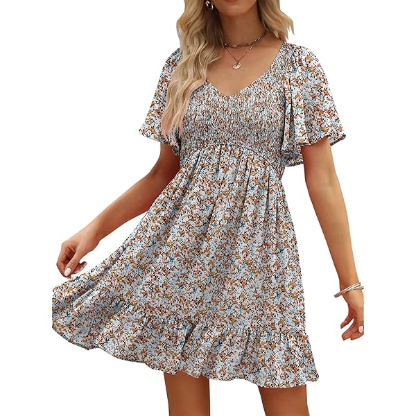 【新品未使用タグ付き】Noemie Floral Zip-Up Dress UEAL Womens Cute Floral Smocked V Neck Flutter Sleeve