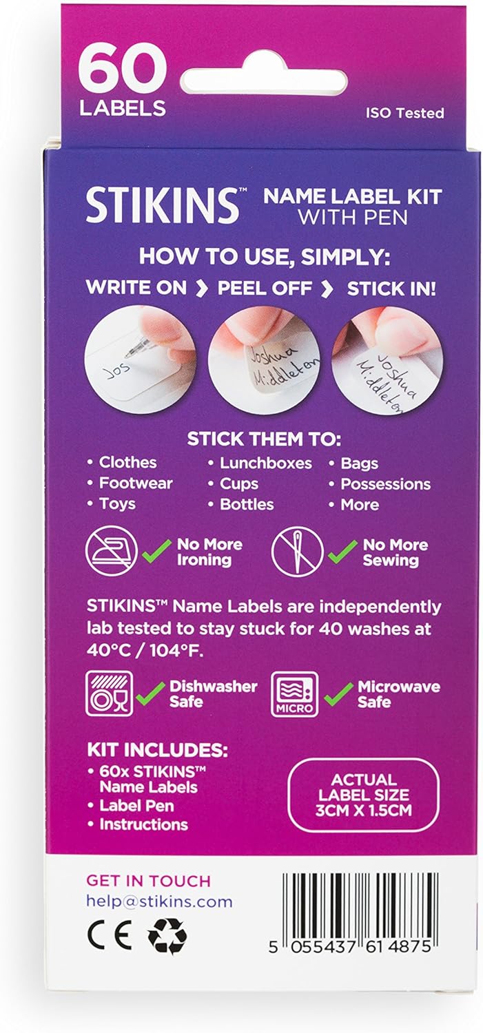 STIKINS® Name Label Kit with Pen, 60x Plastic Write-On Labels (Pen ...