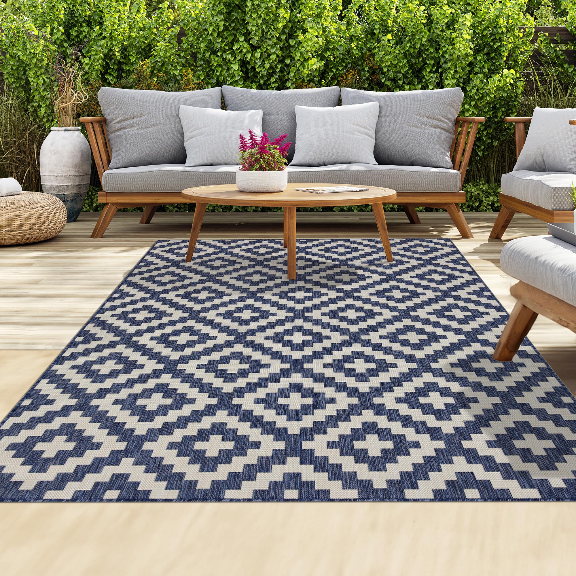 homeart Outdoor Rugs | Easy-Cleaning Indoor & Outdoor Area Rugs for Porch, Deck, Balcony, Garden, Picnic, Kitchen, Hallway | UV & Weather-Resistant Large Patio Rug Mats D.Blue Cream, 120 x 170 cm