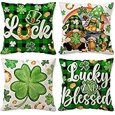 Unibyby St Patricks Day Pillow Covers 18x18, Lucky Clover Throw Pillowcase, Green Luck Shamrock Home Decor Square Cushion Covers for Sofa Bed Couch Set of 4
