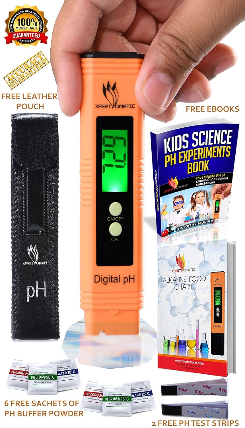 Digital pH Meter Full Kit, 6 pH buffer powder, pH Test Strips, Leather