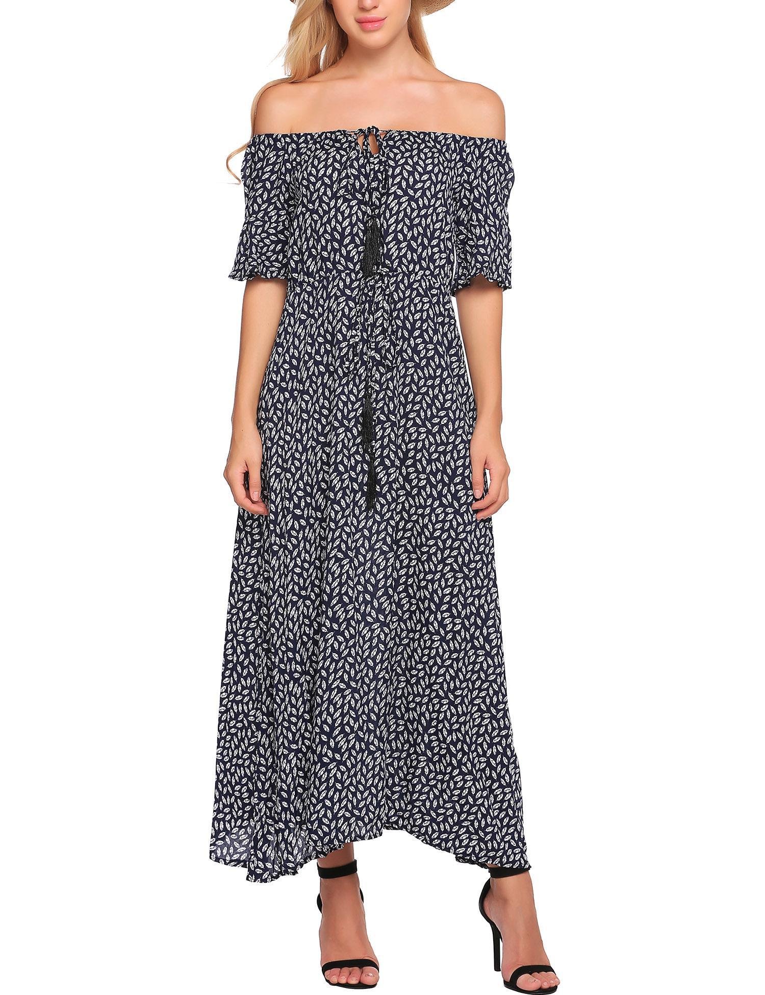 Zeagoo Women Boho Off the Shoulder Floral Print Casual Swing Maxi Dress Navy blue S