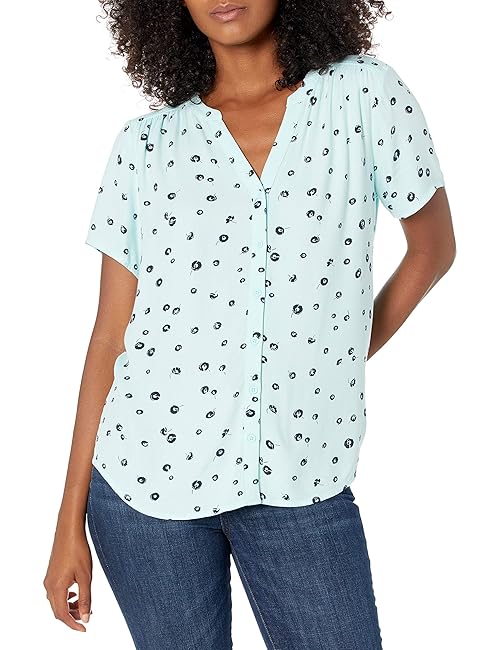 Amazon Essentials Women's Relaxed-Fit Short-Sleeve Woven Blouse, Aqua Blue Poppy, X-Large