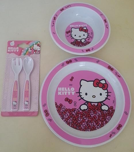 Hello Kitty rosa comida – Juego de 2 piezas de cubertería, plato y bowl.