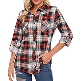 Oyamiki Womens Casual Cuffed Long Sleeve Boyfriend Button Down Plaid Flannel Shirt Tops