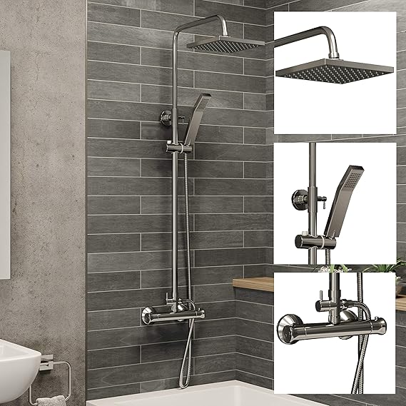 Bathroom Thermostatic Mixer Shower Set Square Chrome Twin Head Exposed