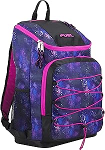 Fuel Wide Mouth Sports Backpack with Front Bungee and Inner Tech Pocket, Black/Hot Pink/Galaxy Print
