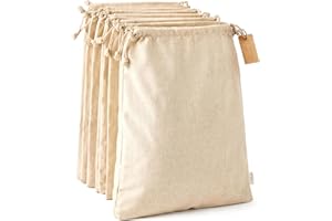 LEAFICO Cotton Storage Bags with Drawstrings X-Large 14x17 Multipurpose 6 Pcs - Canvas Fabric Bread Bags - Bulk Food Produce 