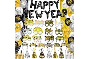 HOWAF Glitter New Years Eve Party Supplies 2026 New Years Decorations NYE, Set of 82, Black Gold New Year Hats Headband 2026 Glasses Fringe Backdrop New Year Balloons Party Blowouts