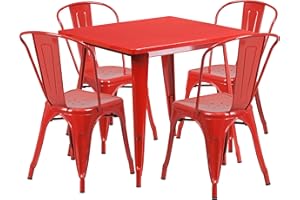 EMMA + OLIVER Commercial Grade 31.5" Square Red Metal Indoor-Outdoor Table Set-4 Stack Chairs