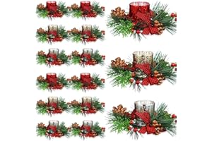 Ceenna Set of 24 Christmas Candle Ring Wreaths with Glass Votive Tealight Holders and Candle Rings Red and Black Plaid Small Christmas Decor Table Centerpieces Party Ornament