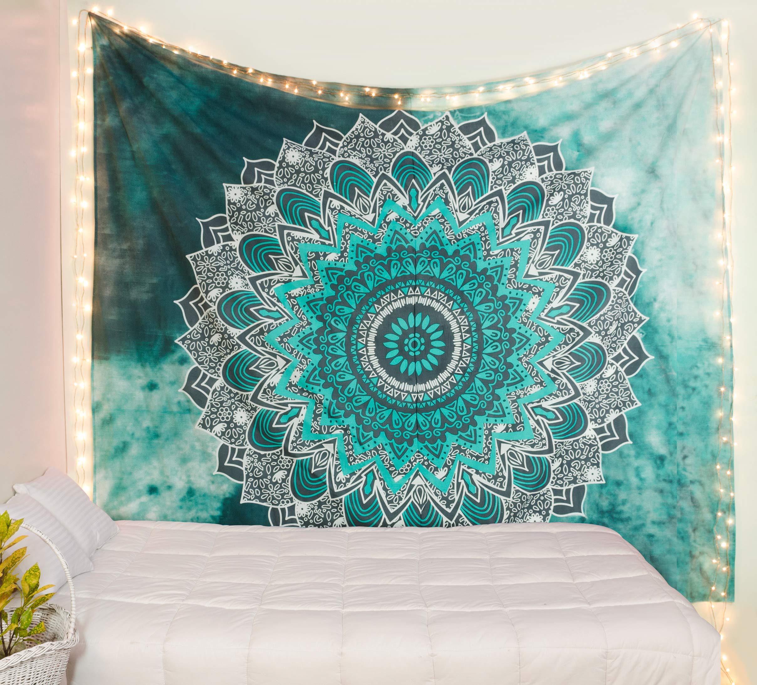 Popular Handicrafts Tapestry Wall Hanging Hippie Ombre Mandala Bohemian Hippy Intricate Indian Tapestries Bedspread 84 x 90 Inches (215cm x 230cm) Turqouise & Grey