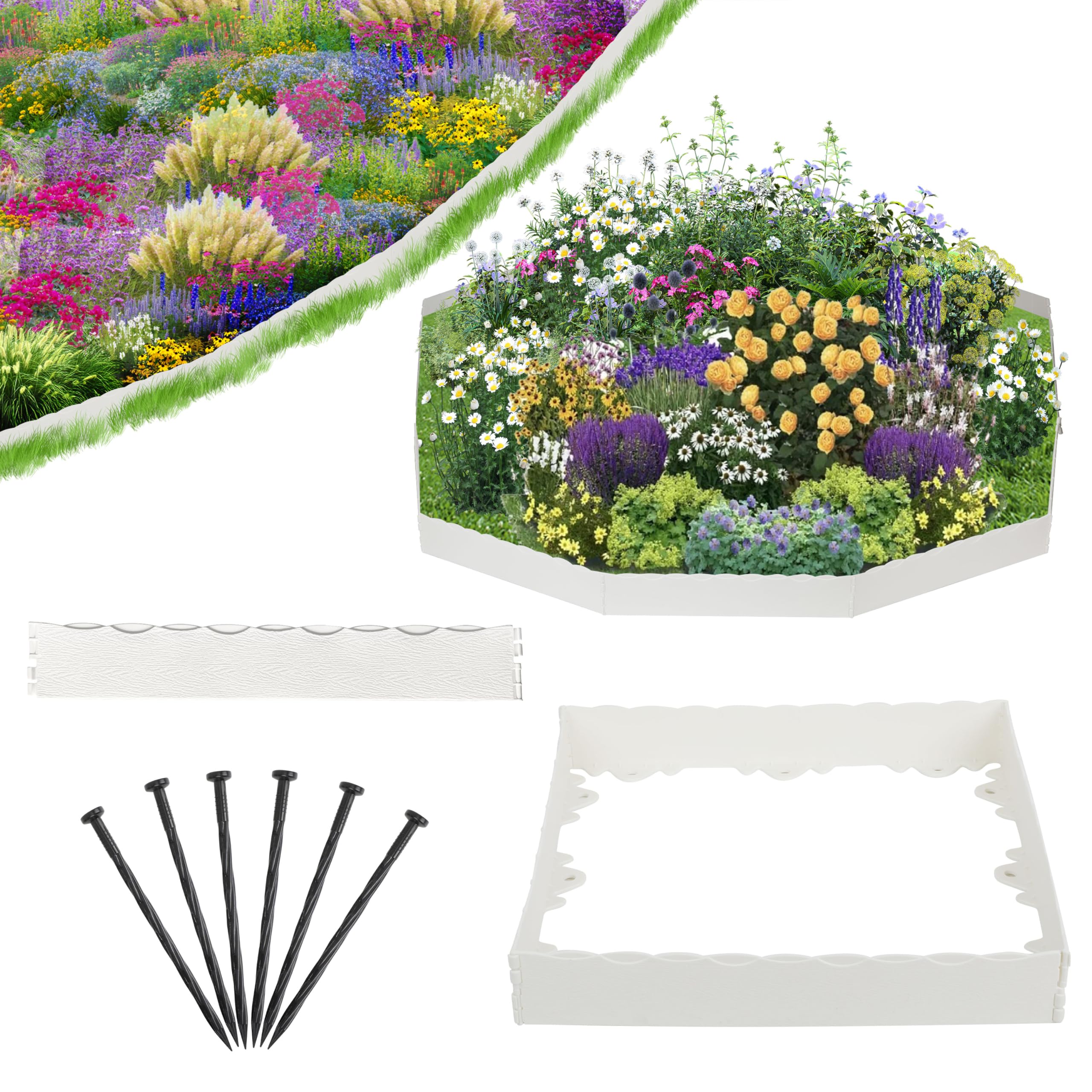 Photo 1 of WOCHOLL Garden Edging Border Wood Look Fence Landscape Edging, 2.3 Inch Tall Edging for Landscaping with Spikes, Paver Edging for Flower Bed Edging Lawn Border (White, 12.4FT)