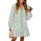 Wenrine Womens Long Sleeve Casual Mini Dress Floral V Neck Ruffle Loose Fall Boho Babydoll Dresses with Pockets