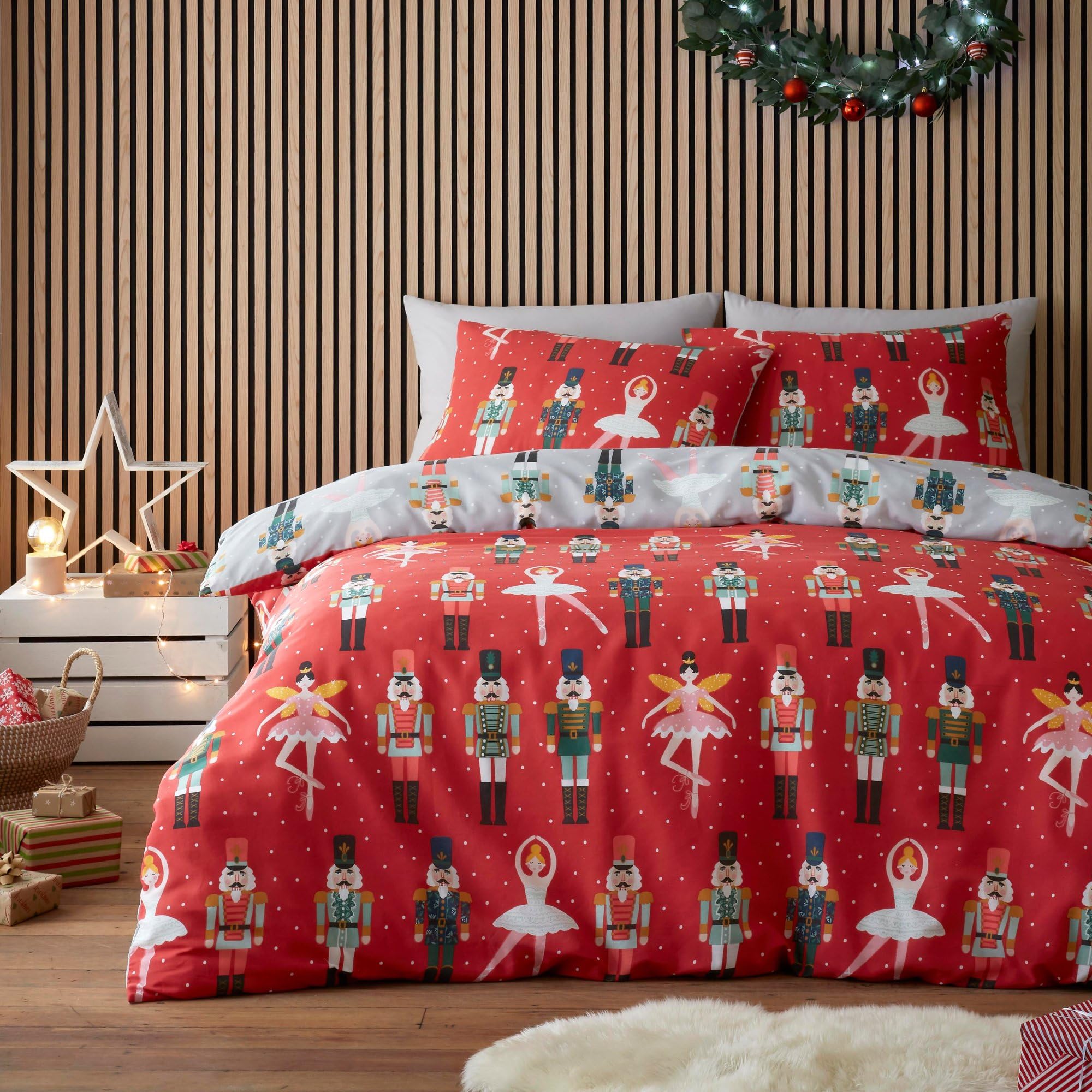 Fusion - Nutcracker & Ballerina Duvet Cover - Double Bedding Size (200 x 200cm) - Reversible Colours - 2x Pillowcases - Nutcracker Solider & Ballet Dancer Duvet Cover - Christmas Bedding in Red/Grey — image 1