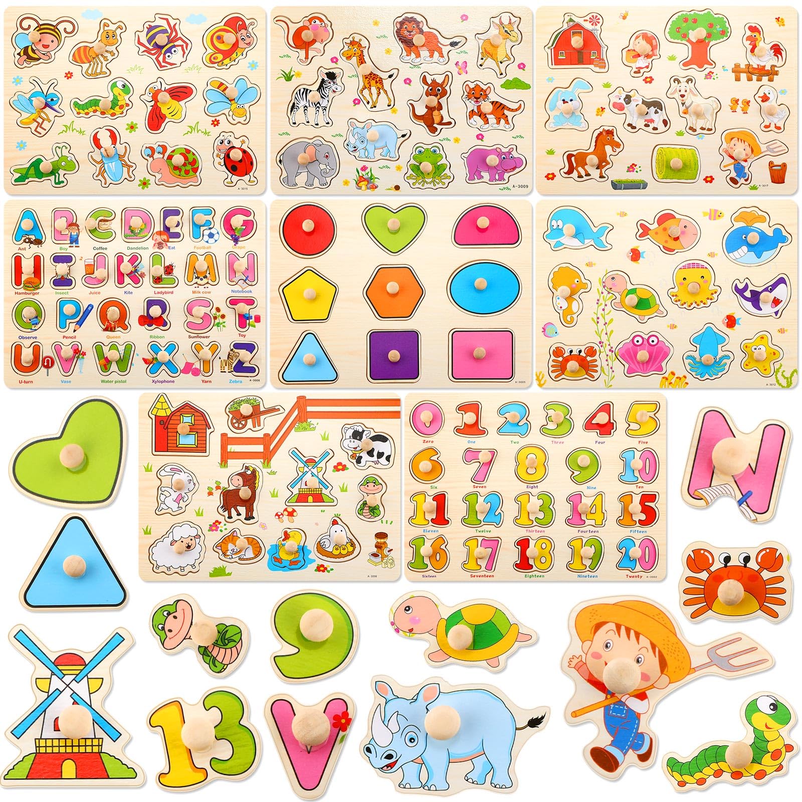Chivao 8 Set Wooden Peg Puzzles for Toddlers 2-4 Years Alphabet Number ...