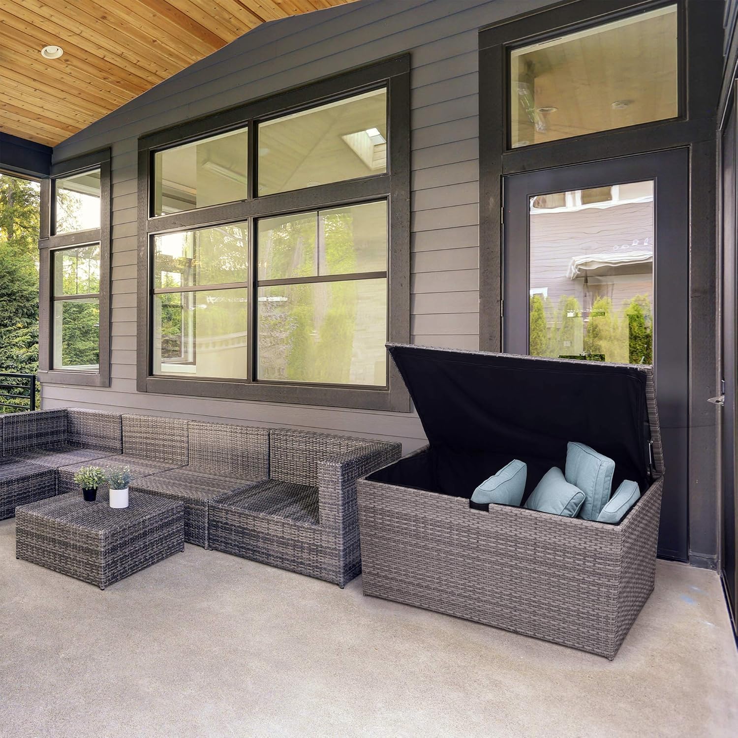 Glitzhome Outdoor Wicker Storage Box Gray Cream Patio