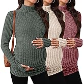Sweetyweee 3 Pack Maternity T-Shirts Pregnancy Tops Women Sweater Long Sleeve Turtleneck Ribbed Finger Sleeve Outfits(Army Green, Apricot, Brick Red,XX-Large)
