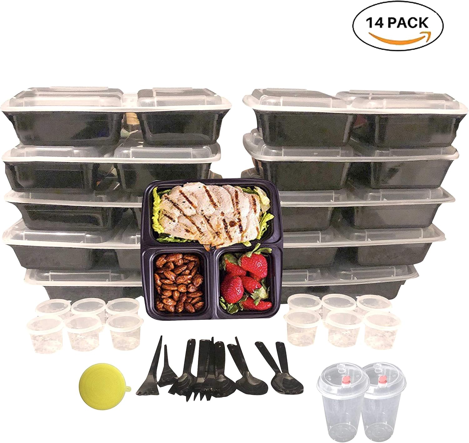 {14 PACK} Premium 3 Part Meal Prep Containers Bundle Set 14 forks, two 330ml snack cups,14