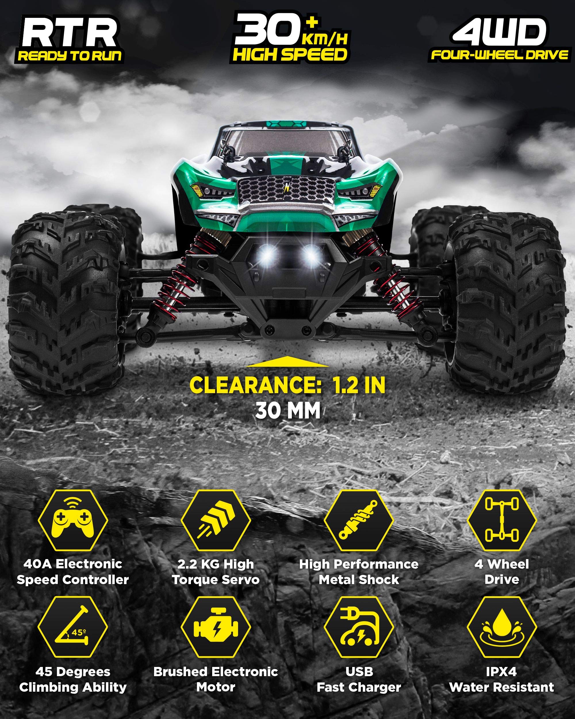 1:20 Scale RC Cars 30+ kmh High Speed - Boys Remote Control Car 4x4 Off Road Monster Truck Electric - 4WD All Terrain Waterproof Toys Trucks for Kids and Adults - 2 Batteries for 40+ Min Play Time