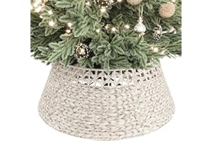 ELYKEN 28 Inch Woven Rattan Christmas Tree Collar, Stylish Seagrass & Water Hyacinth 5-Piece Xmas Tree Skirt for Artificial T