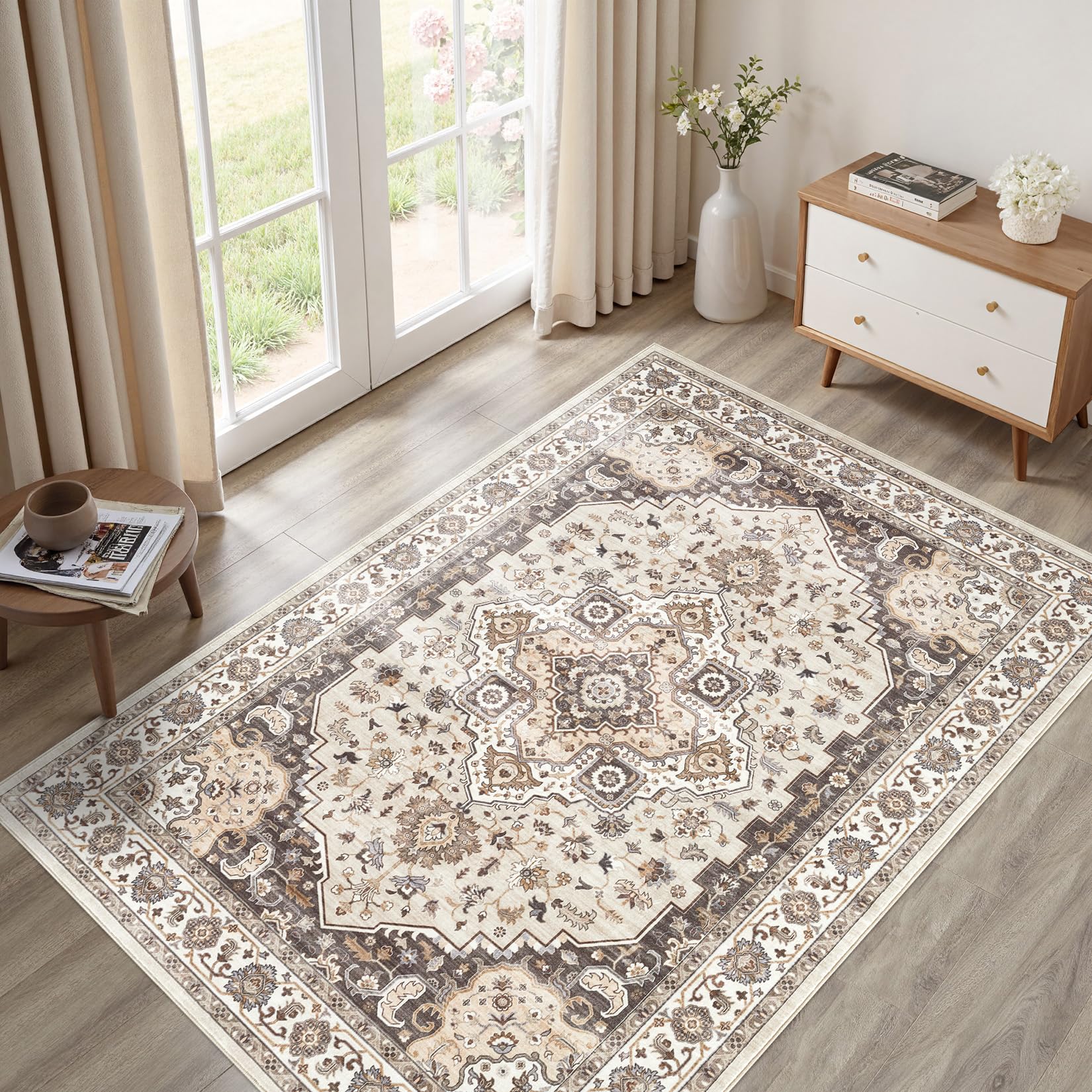 Photo 1 of DEXIDUO Washable Area Rug 6x9: Vintage Non-Slip Stain Resistant for Living Room, Soft Large Carpet for Bedroom Dining Room Home Office(Tan and Cream)