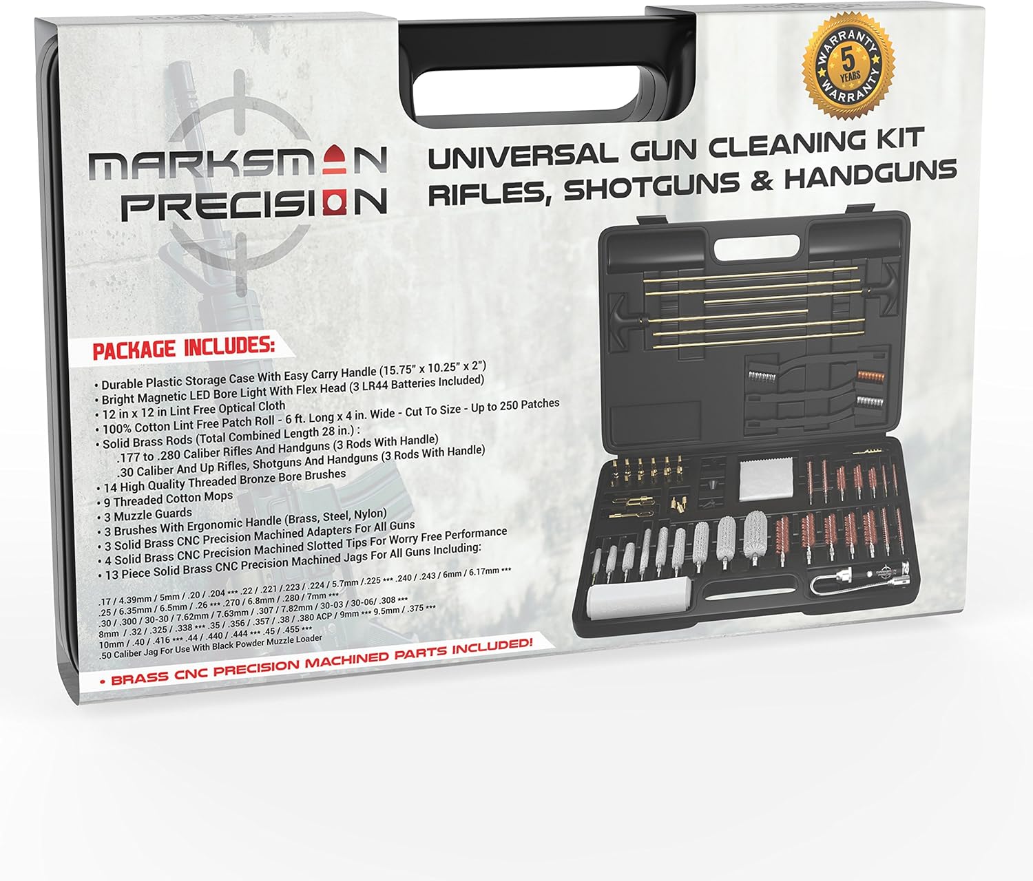 Marksman Precision Universal Gun Cleaning Kit - Brass Jags - Slotted Tips - Rods - Brushes - LED Bore Light - Optical Cloth - Hunting Shooting Rifle Pistol Shotgun - Heavy Duty Case - Retail Package : Sports & Outdoors