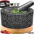 PriorityChef Heavy Duty Mortar and Pestle Set with Bamboo Base, 100% Natural Granite Stone Grinder, Guacamole Bowl and Masher, 4 Cups, Black