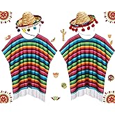 JaGely 4 Pcs Cinco De Mayo Mexican Fiesta Serape Poncho Fabric and Straw Sombrero Headbands Costume