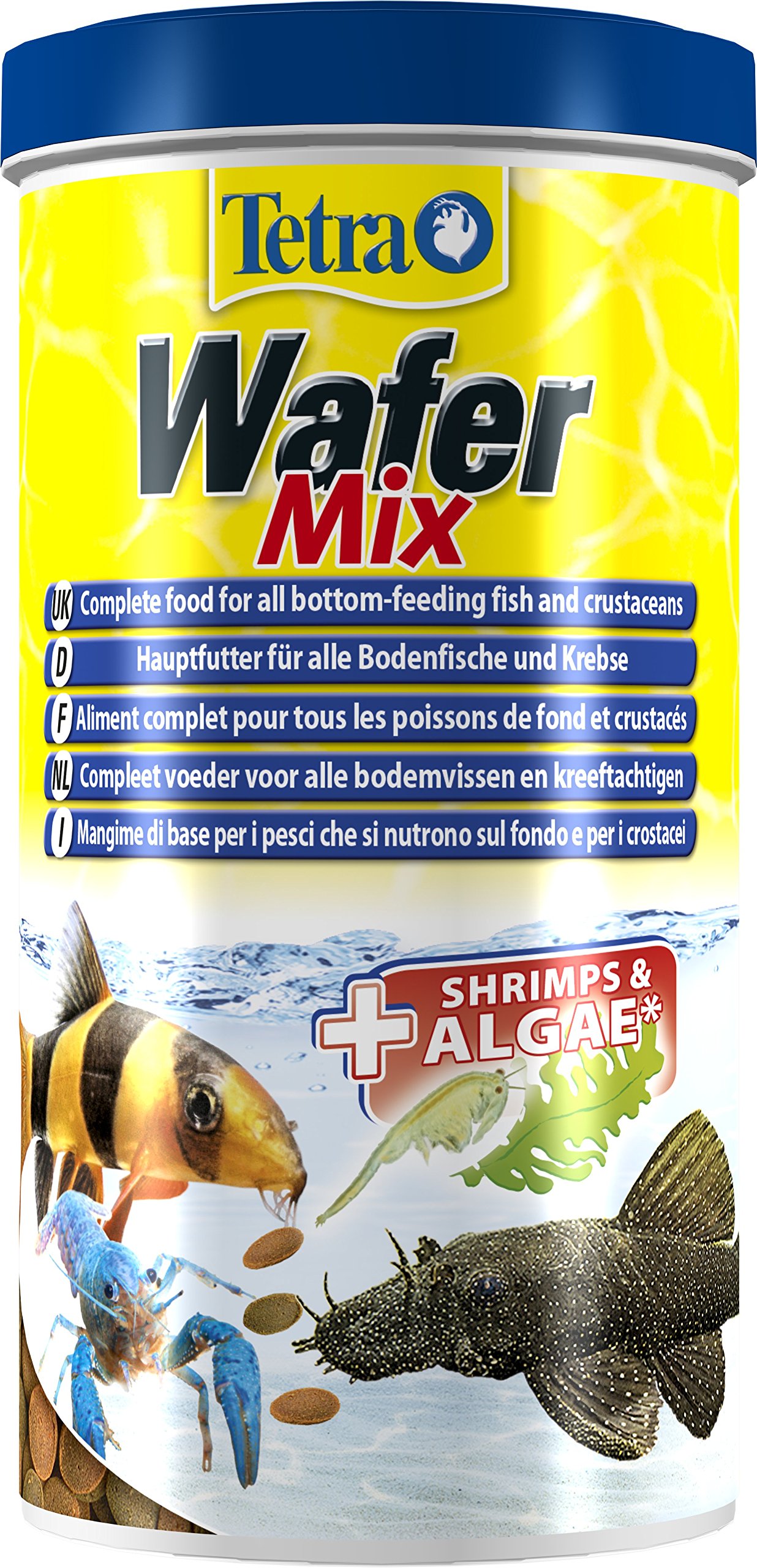 Tetra Wafer Mix main feed (in wafer form for all ground fish and crabs, balanced premium feed with shrimp, spirulina algae for improved immune system), 1 liter can
