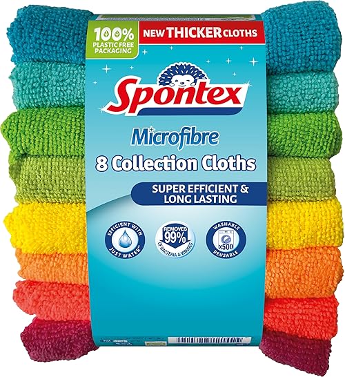 Spontex Microfibre Cloths for Cleaning | 8 Microfibre Collection Cleaning Cloths | For Use as Dusters, Dish Cloths & Kitchen Towels | 30 x 30cm | Assorted Colours | 8 Count