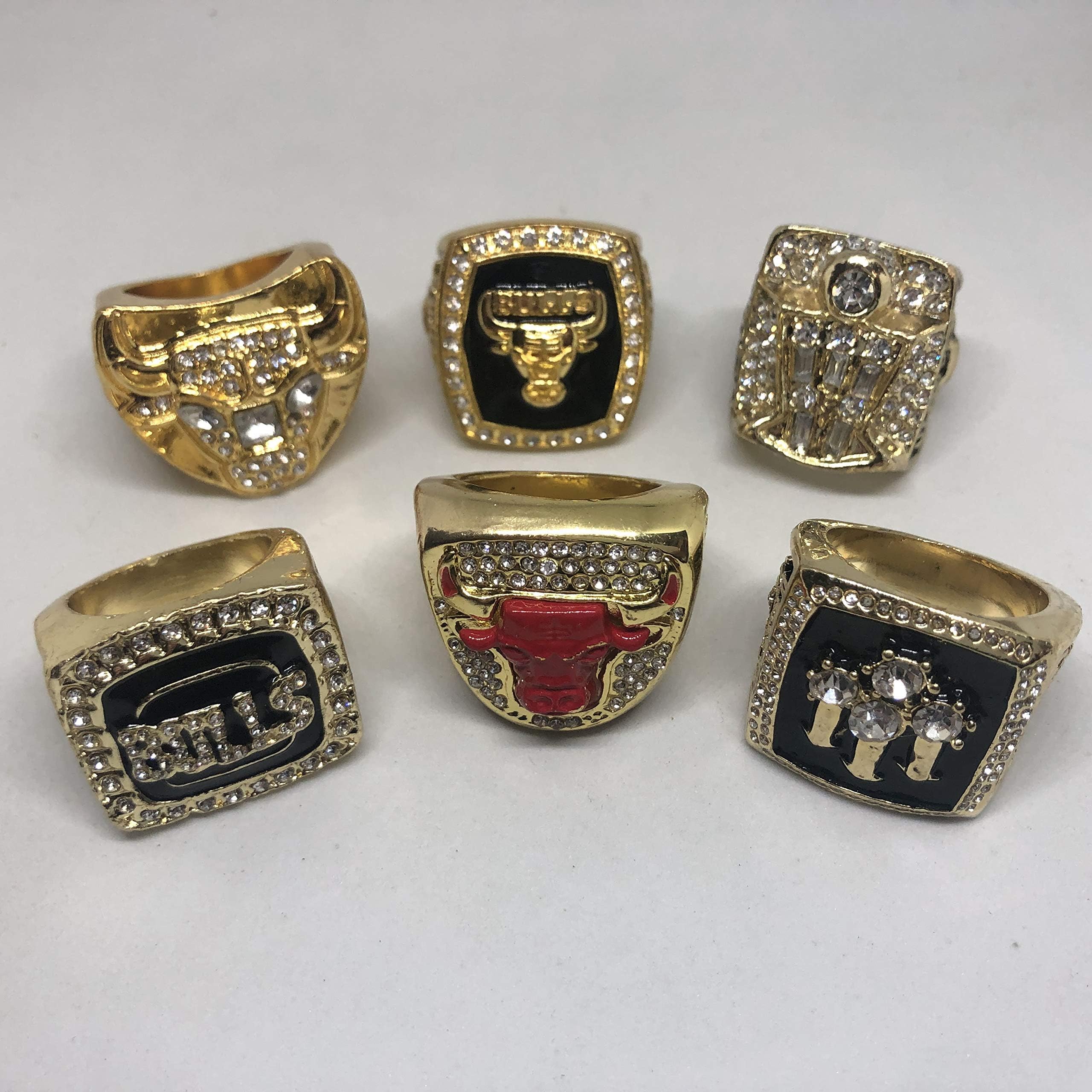 Set of 6 Chicago Bulls Finals Championship Replica Rings Various Sizes Gold Color Collectible 1991, 1992, 1993, 1996, 1997, 1998