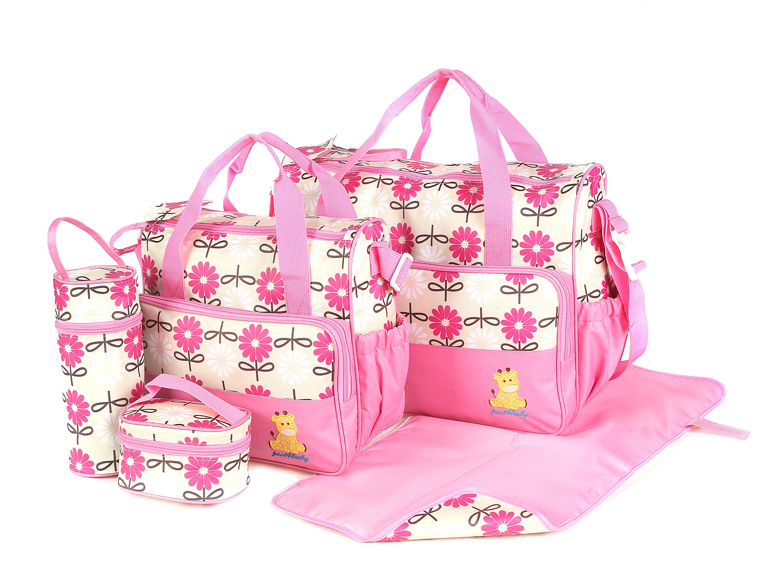 just4baby Laminated Water Proof Insulated Thermal 5pcs Baby Nappy Changing Hospital Bag (Pink Flower)