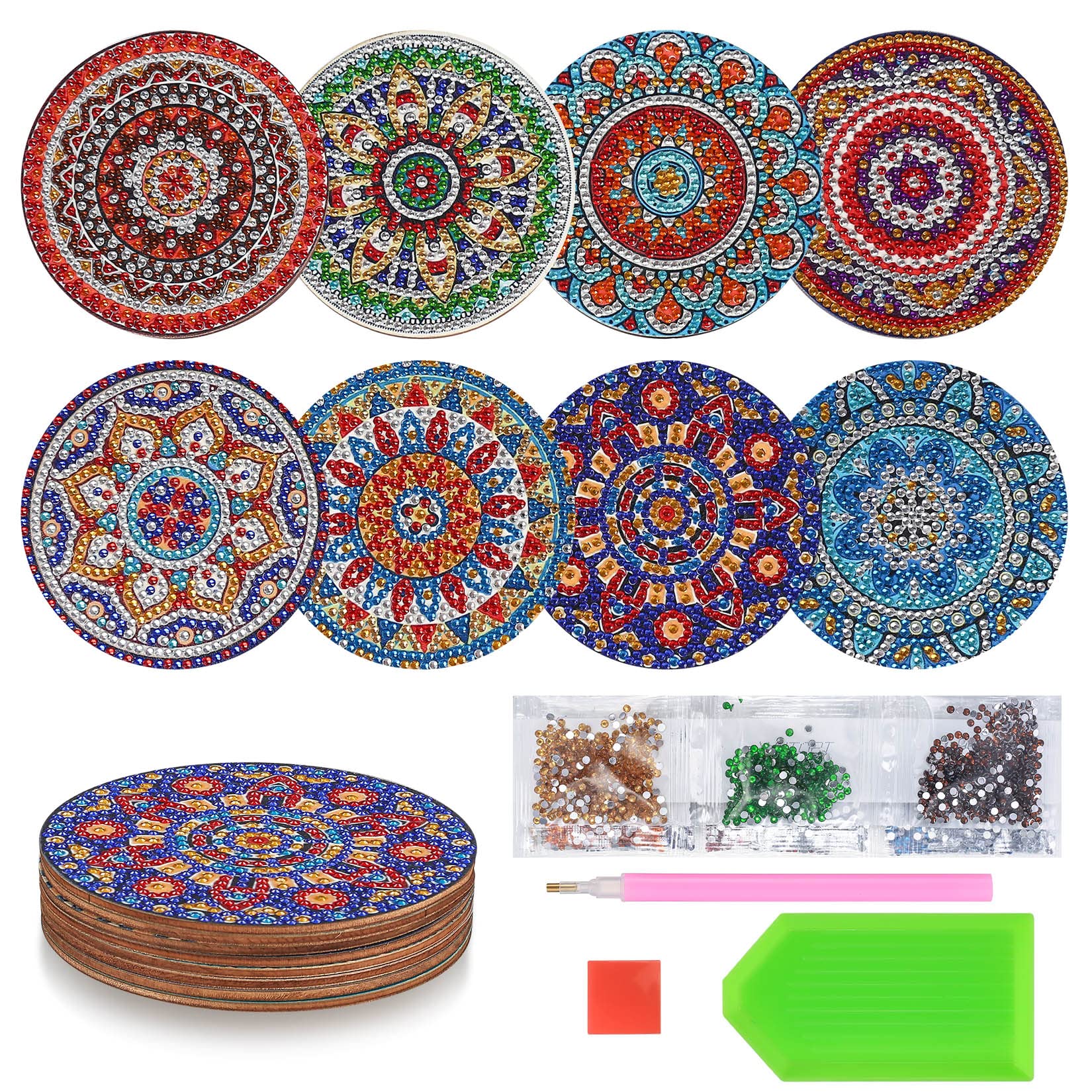 8 PCS 5D DIY Diamond Crafts Painting Coasters, Round Diamond Art Cup Drink Coasters with Mandala Pattern, Adult Crafts (Mandala Pattern-A)