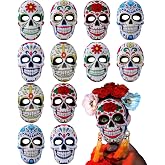 RoundFunny 6/12 Pcs Halloween Day of The Dead Masks for Adult Skulls Masks | Dia De Los Muertos Costume Accessories, Full Face Floral Designs, for Halloween Cosplay Mexican Masquerade Party Decorations