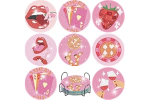 8 Pcs Pink Disco Diamond Art Painting Coasters Kits, Coaster with Holder for Adults, Non-Slip DIY Dot Paint Craft Kits,5D Ful