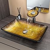 Focitland 22 Inch Bathroom Vessel Sink with Waterfall Faucet and Pop-Up Drain Combo,Rectangular Bathroom Sink Above Counter Gold Artistic Glass Sink with Black Rim