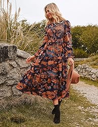 Casual Dresses for Women Fall Floral Smocked Midi