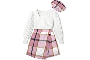 AGAPENG Girl Skirt Sets 3 Piece Outfits Square Neck Jacquard Puff Sleeve Tops Plaid Mini Skirt Shorts Fall Winter Clothes