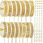 Wisreach Chains Jewelry Making Supplies Gold Chain for Making Jewelry, 111.5 Feet 15 Rolls for DIY Necklace Bracelet Findings with Jump Rings/Lobster Clasps/Connectors