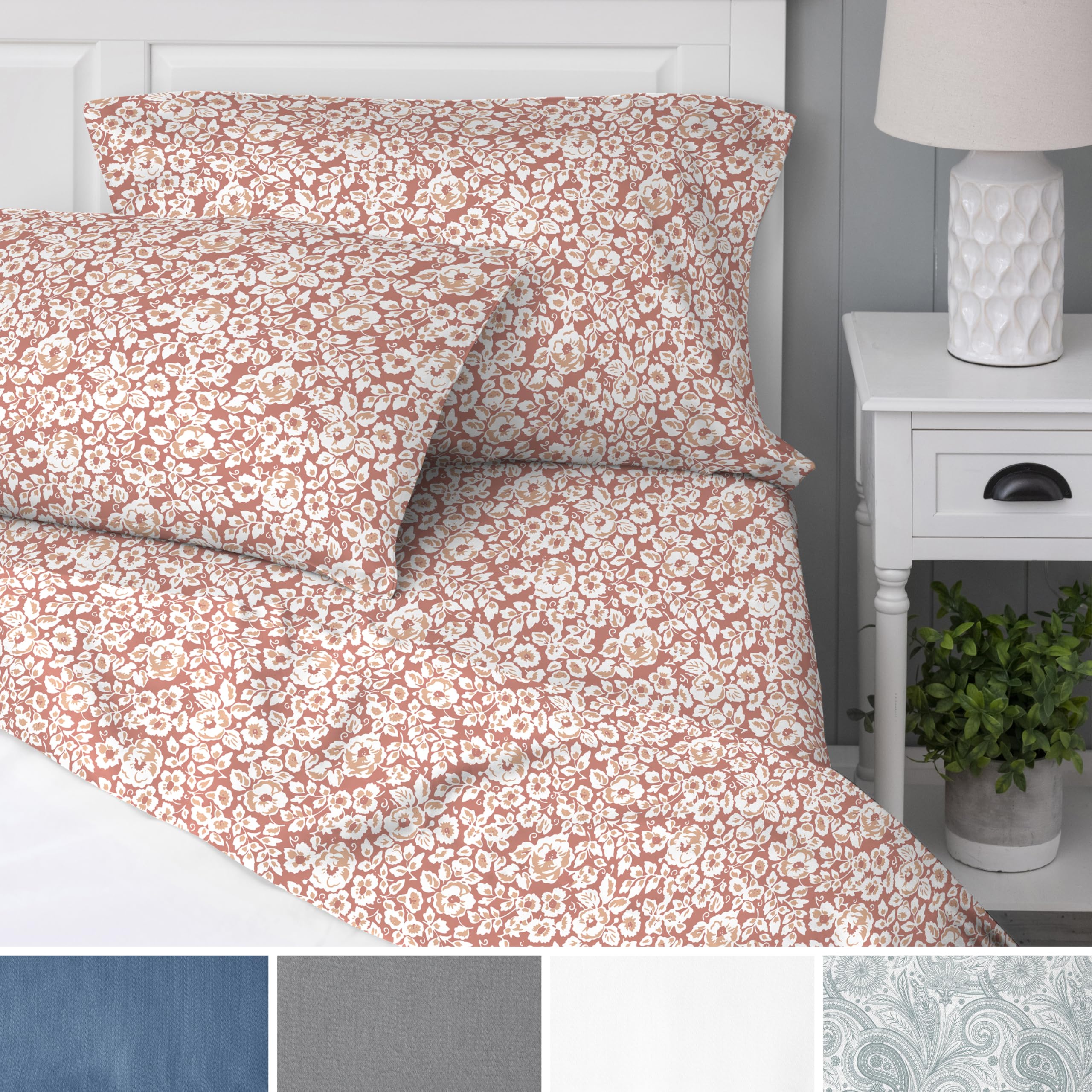 Photo 1 of Welhome 100% Cotton Percale 4-Piece Queen Size Printed Bed Sheets Set, 1 Fitted, 1 Flat Sheet with 2 Pillowcases, Imprint Floral in Orange