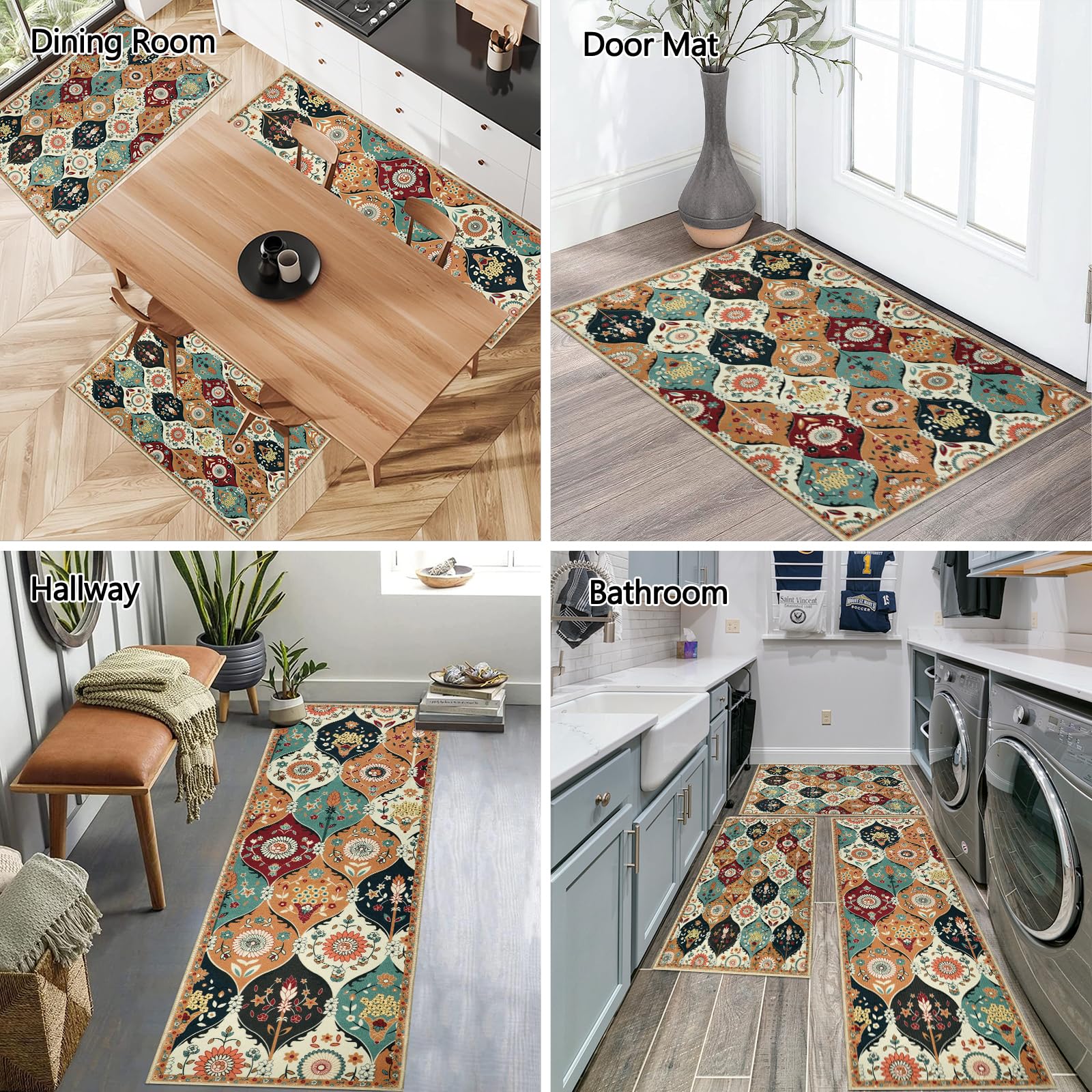 Falflor Moroccan Trellis Kitchen Mats 3 Piece Set Washable Kitchen Rug Sets Non Slip Kitchen Rug and Mats Soft Kitchen Mats for Floor Floral Pattern Doormat for Laundry Entryway Bathroom - Image 6