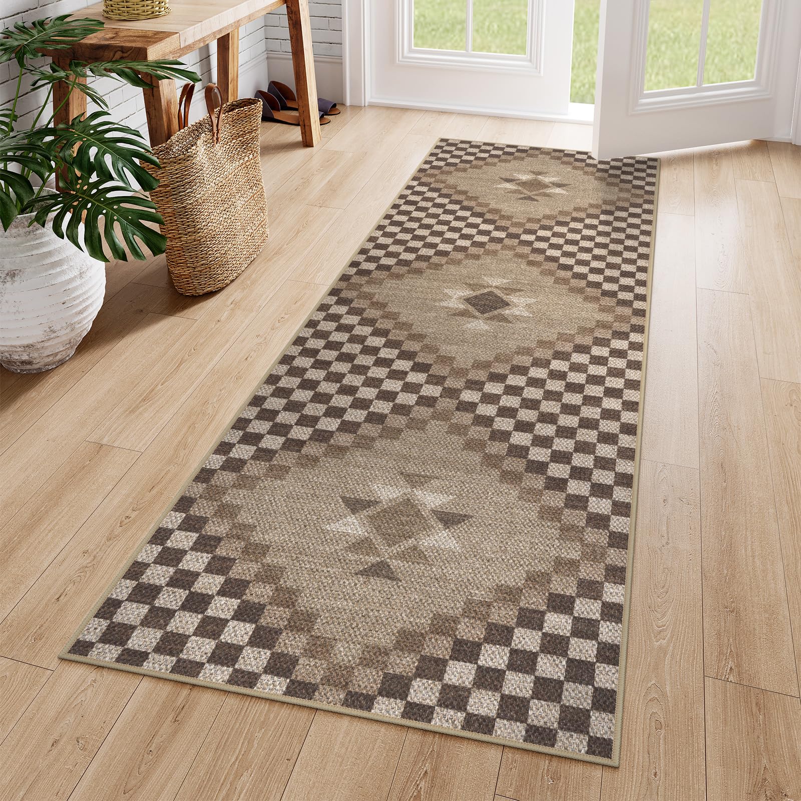 Photo 1 of LIVEBOX Washable Easy Jute Rug Runners 2x6 for Entryway, Non Skid Kitchen Runner Rugs for Indoor Outdoor Entrance, Checkered Brown Hallway Rug Runner for Laundry Room Bedroom