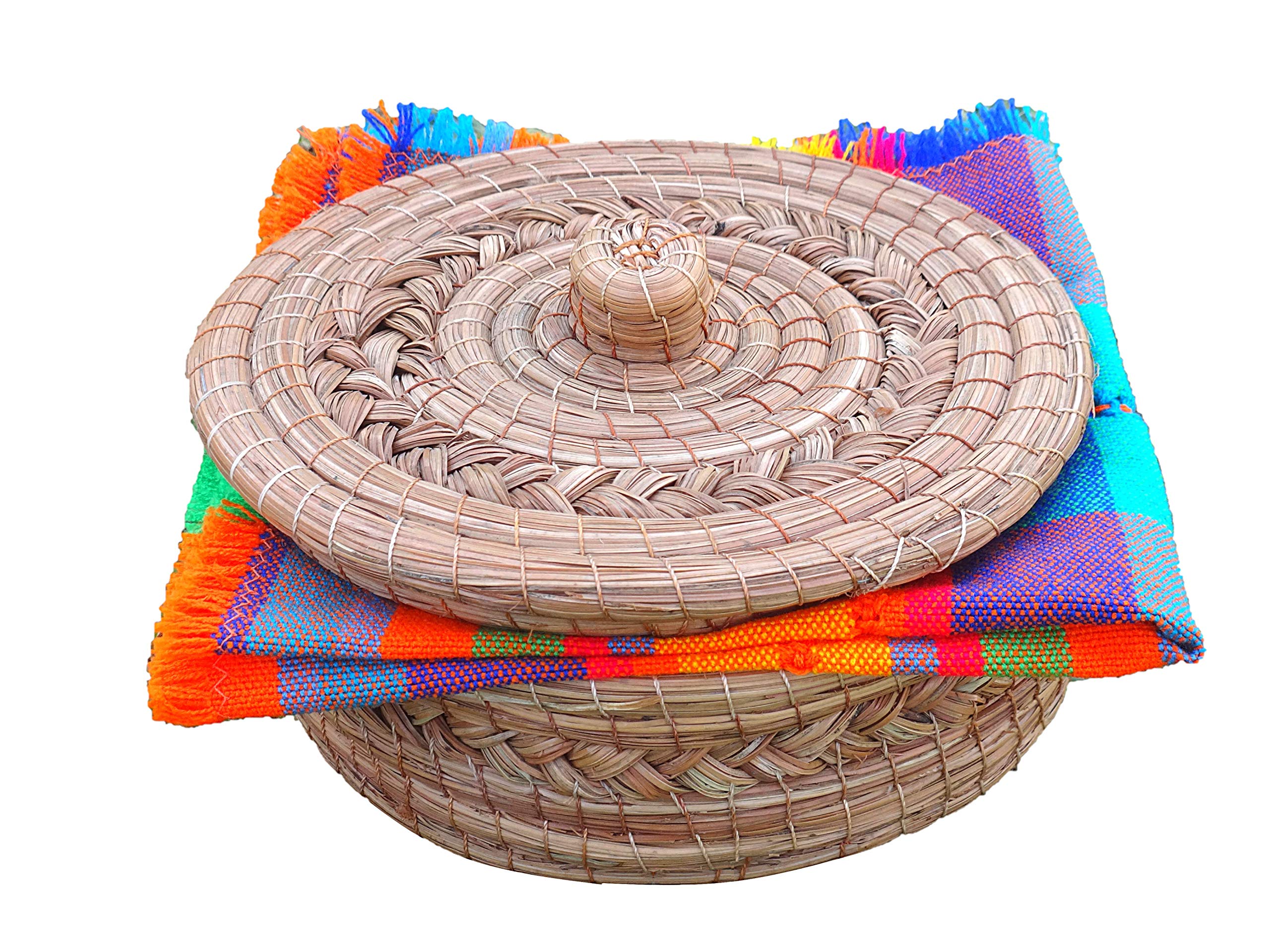 Mexican Handwoven Tortilla Basket & Handloomed Tortilla Cloth Warmer Keeper Bundle 100%, Tortilla Warmer, Tortilla Holder, Tortillero, Pine Leaf Baskets Handmade, Mexican Bowls, Tortilla & Pancake