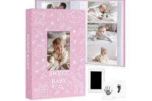 EARLY MINDS Baby Photo Album 4x6 300 Pockets with Memo Area & Hand and Footprint Kit, Linen Cover Slip-in Memory Book with Front Window, Acid-Free Keepsake for Newborn Boy Girl, First Year Moments